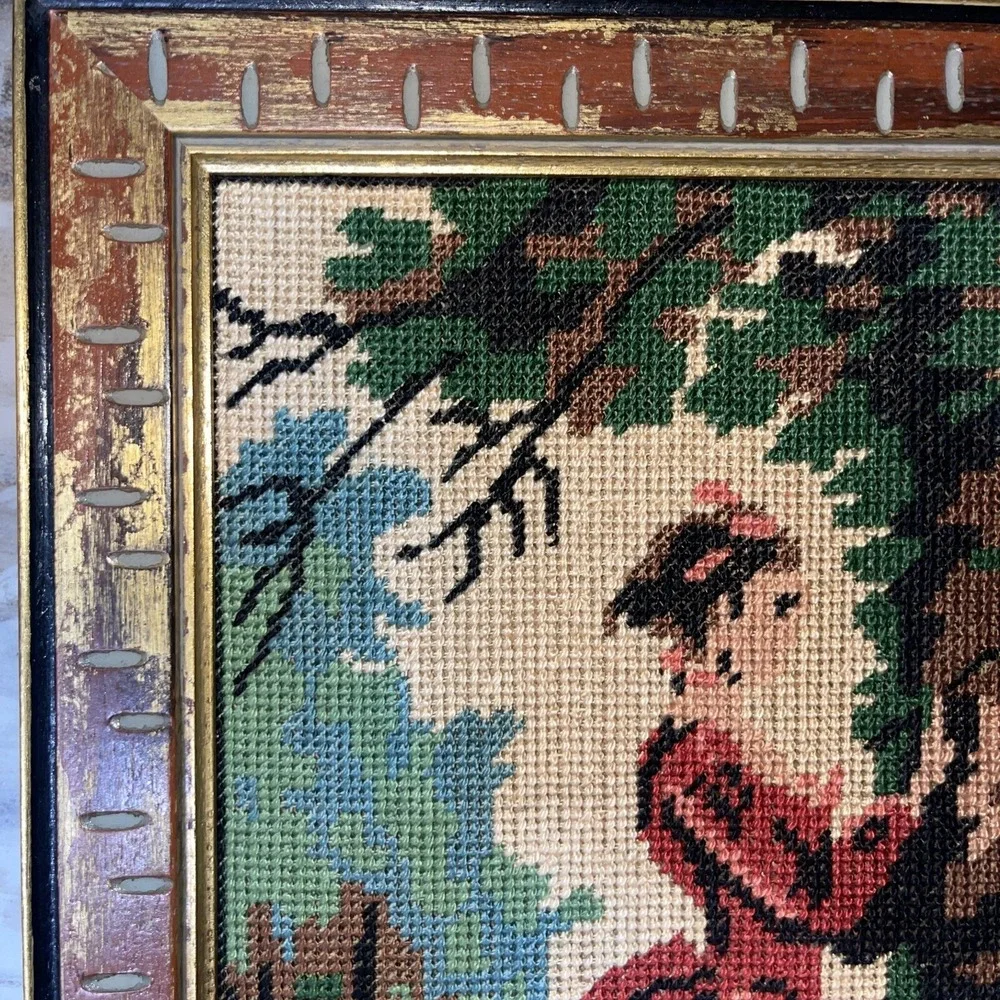VTG MCM Petit Point Needlecraft gold distressed wood framed picture Girl Tree
